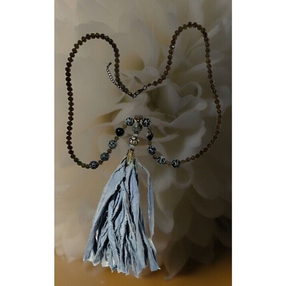 Women Silk Tassel Faceted Rhinestone & Snowflake Obsidian Necklace Boho Hippie - Picture 6 of 11